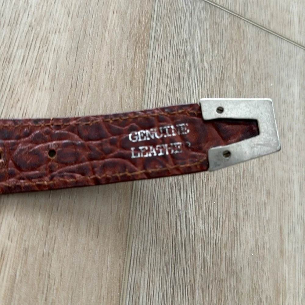 Vintage Leather Brown Unique Heavy Silvertone Embellished Woven Belt